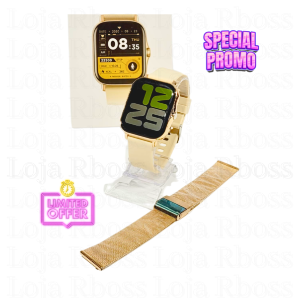 Smartwatch dourado 2 pulseiras